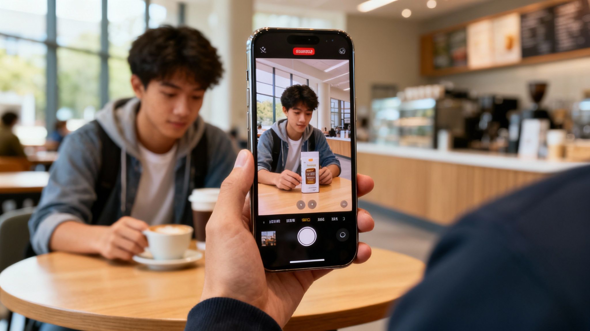 A hand holds an iPhone, photographing a young man with a product and coffee in a modern cafe.