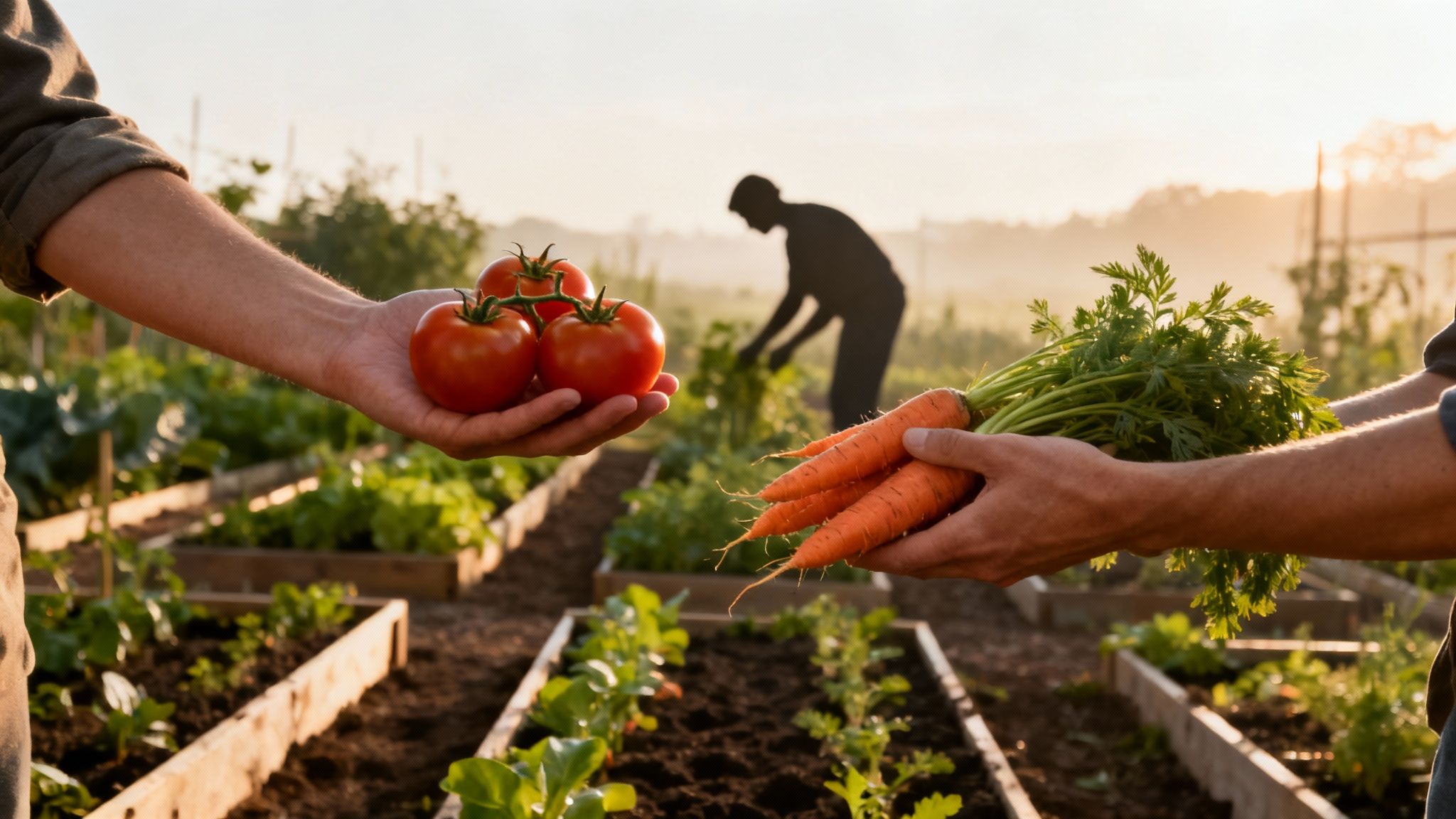 Hands exchanging fresh tomatoes and carrots in a sunny garden with a farmer working.