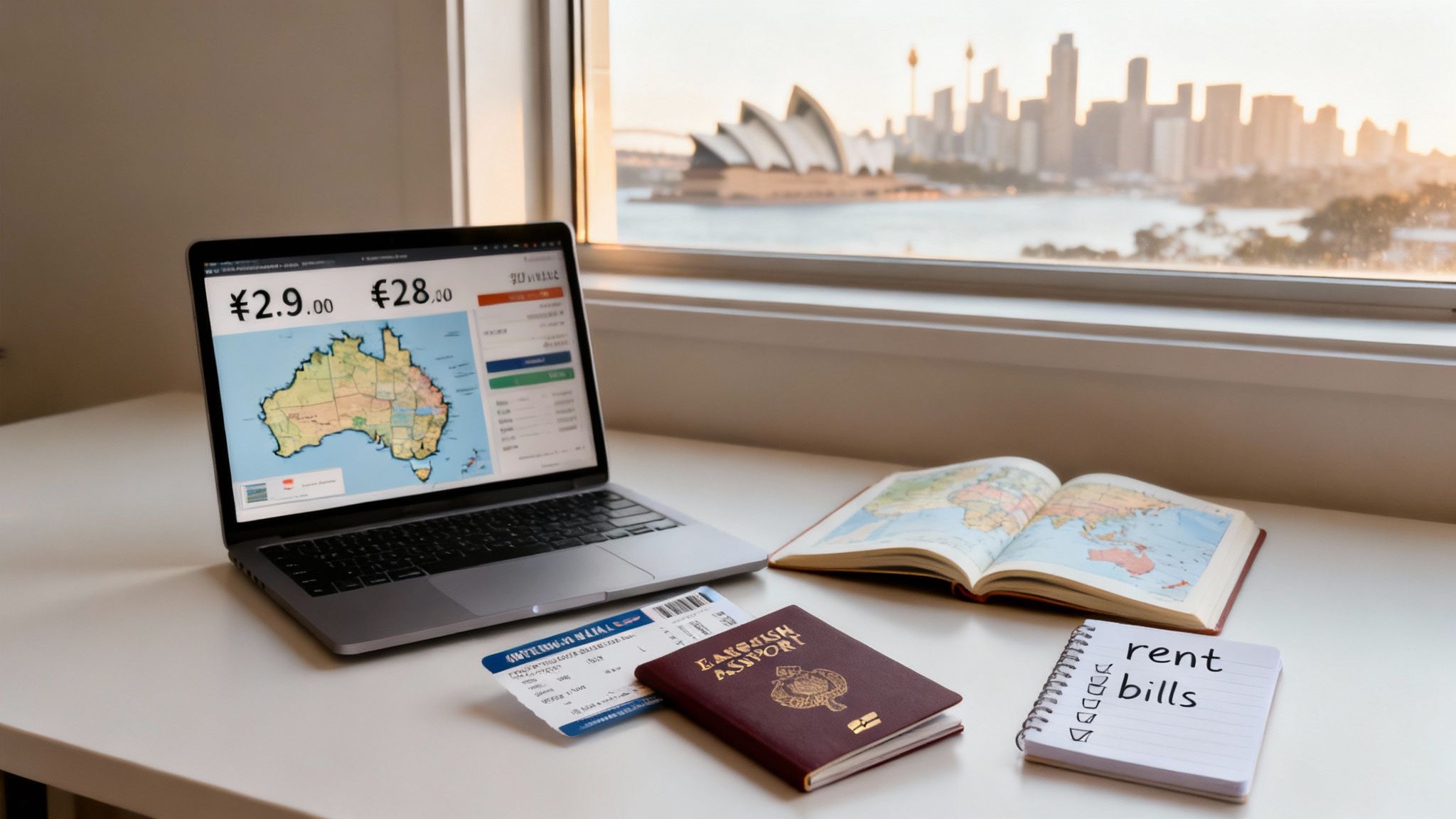 A desk with a laptop showing Australia map, passport, and travel items, overlooking the Sydney skyline.