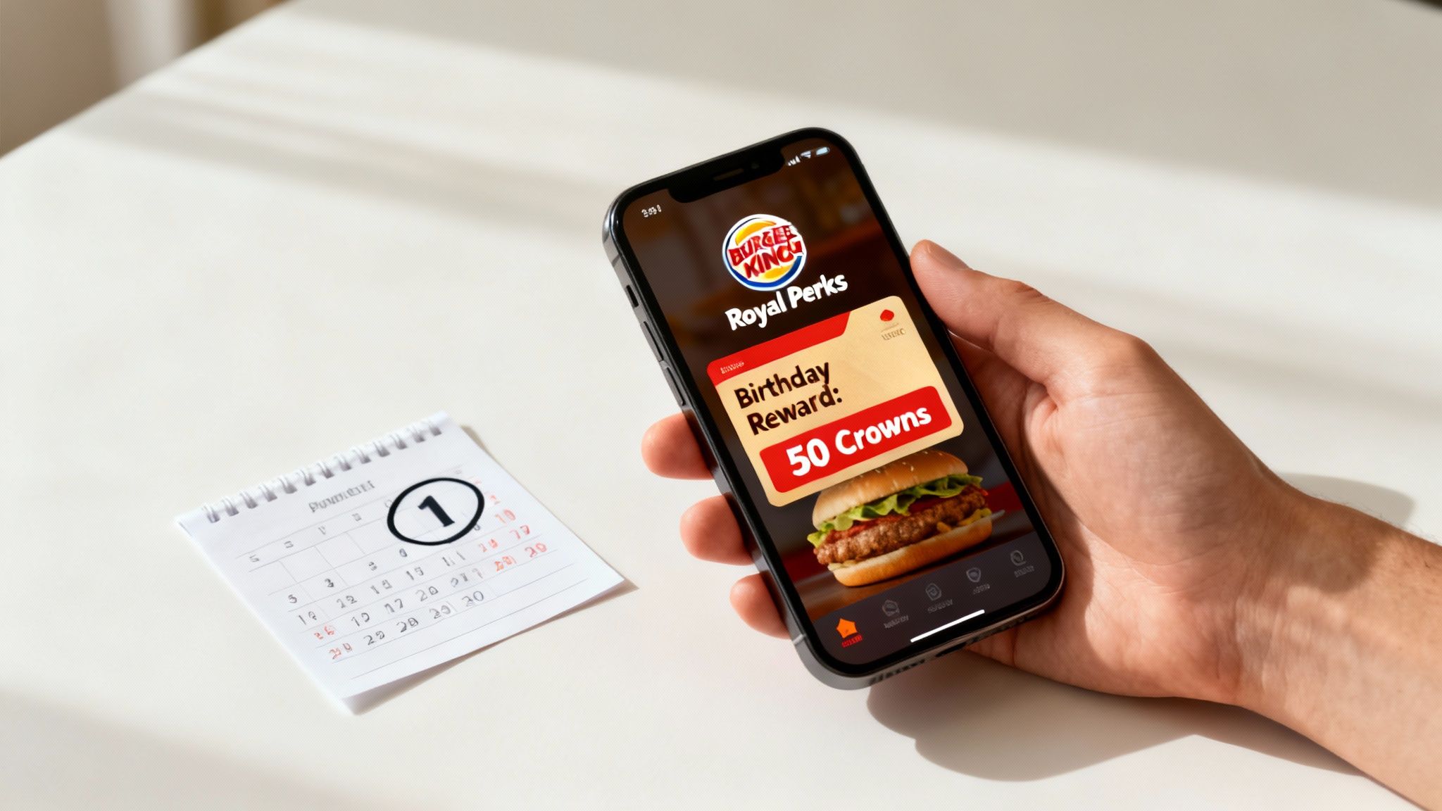 Your Guide to Burger King Birthday Freebies 1 Hand holding smartphone displaying Burger King Royal Perks app with birthday reward notification for 50 crowns