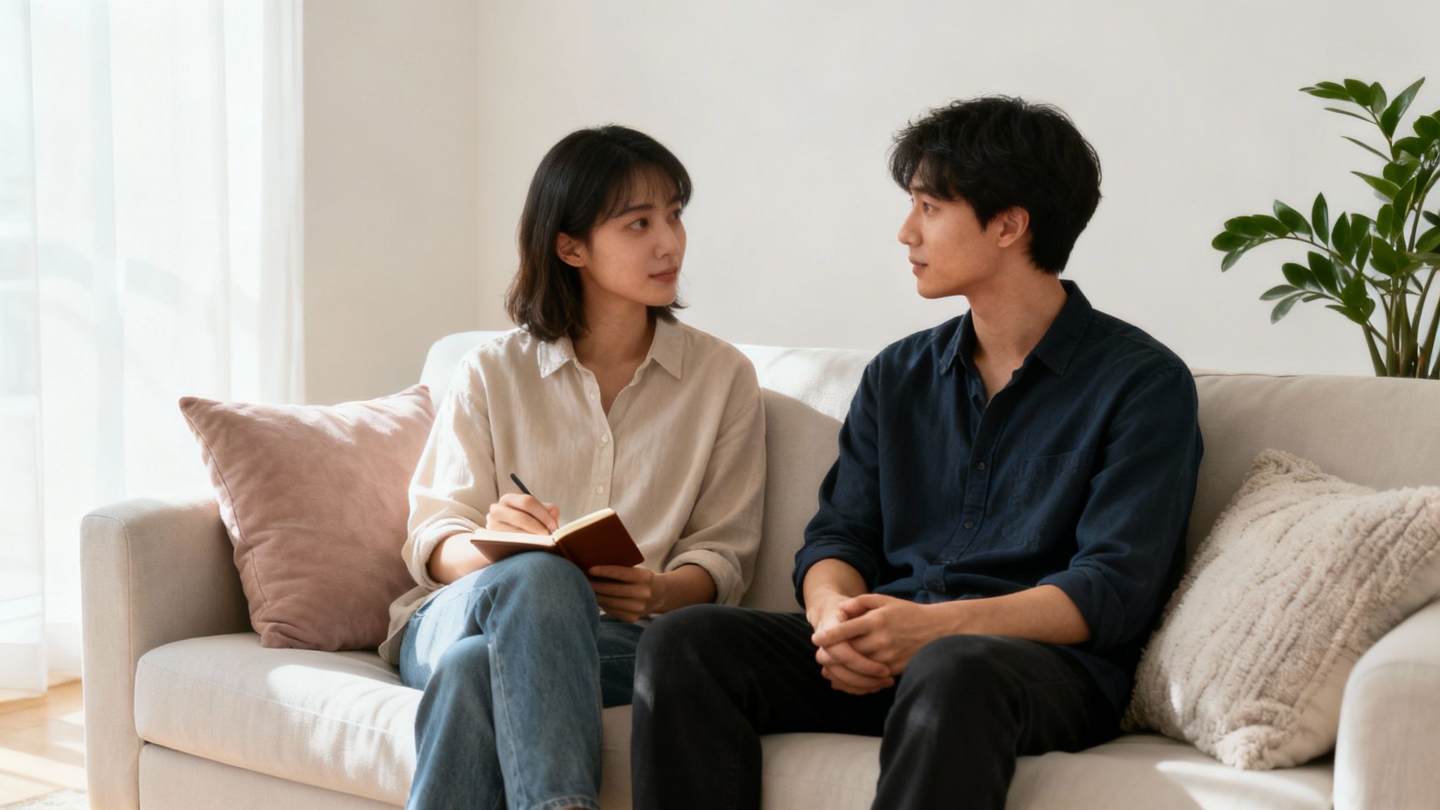 How to Split Rent with Roommates: Fair, Simple Ways to Share Costs 3 A young couple sits on a couch, discussing and taking notes in a bright living room.