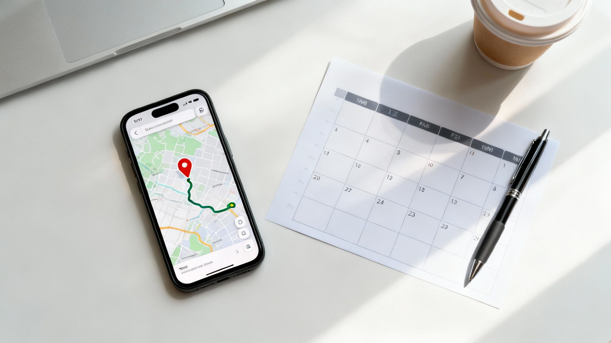 A top-down view of a smartphone displaying a map route, calendar, pen, and coffee cup on a white desk.