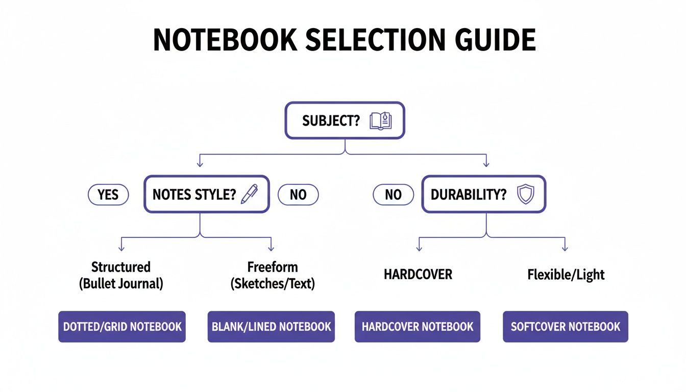 A flowchart titled 'Notebook Selection Guide' helps choose notebooks based on subject, note style, and durability.