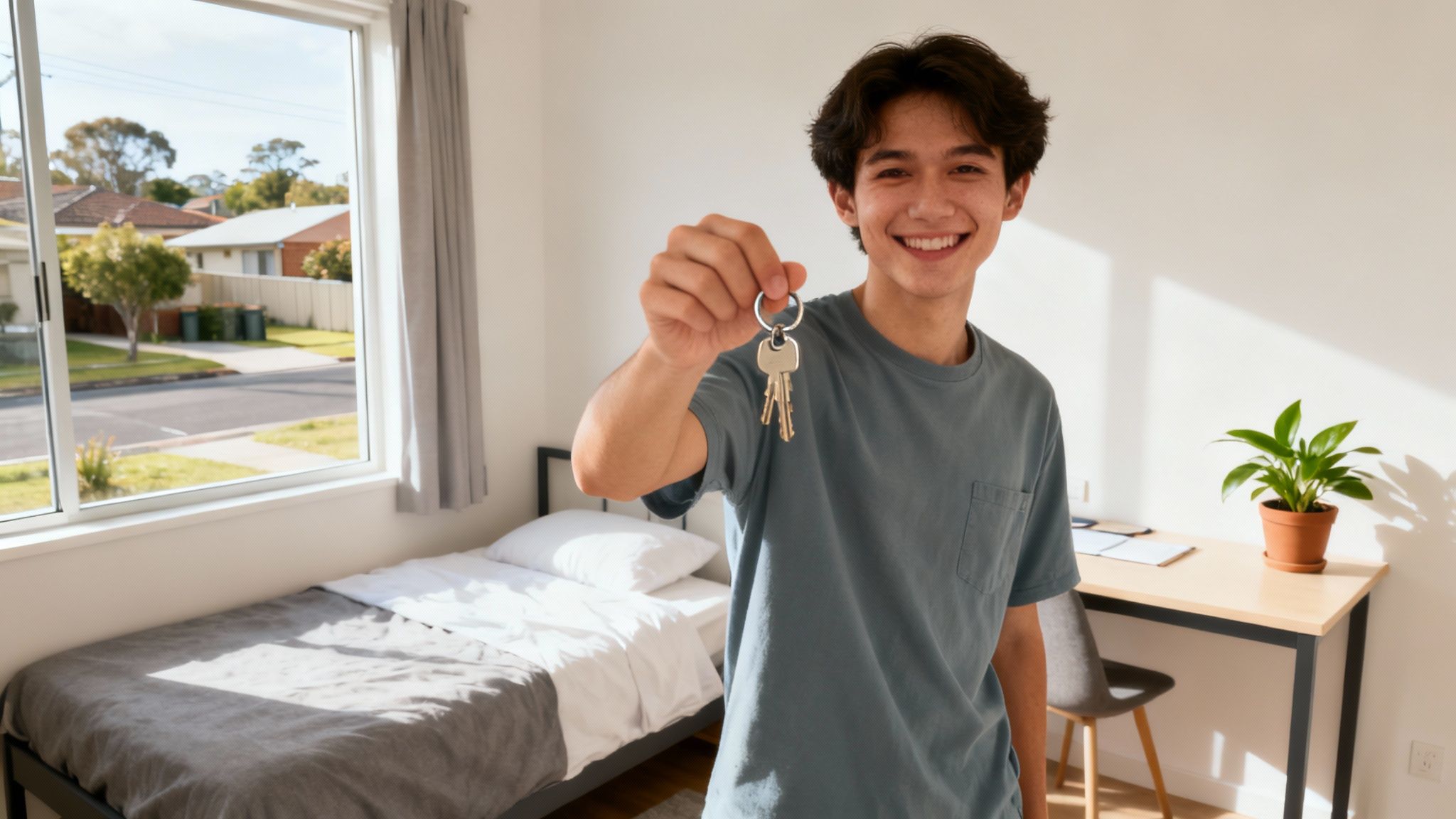 A modern, sunny student apartment living room with a clean and organized look