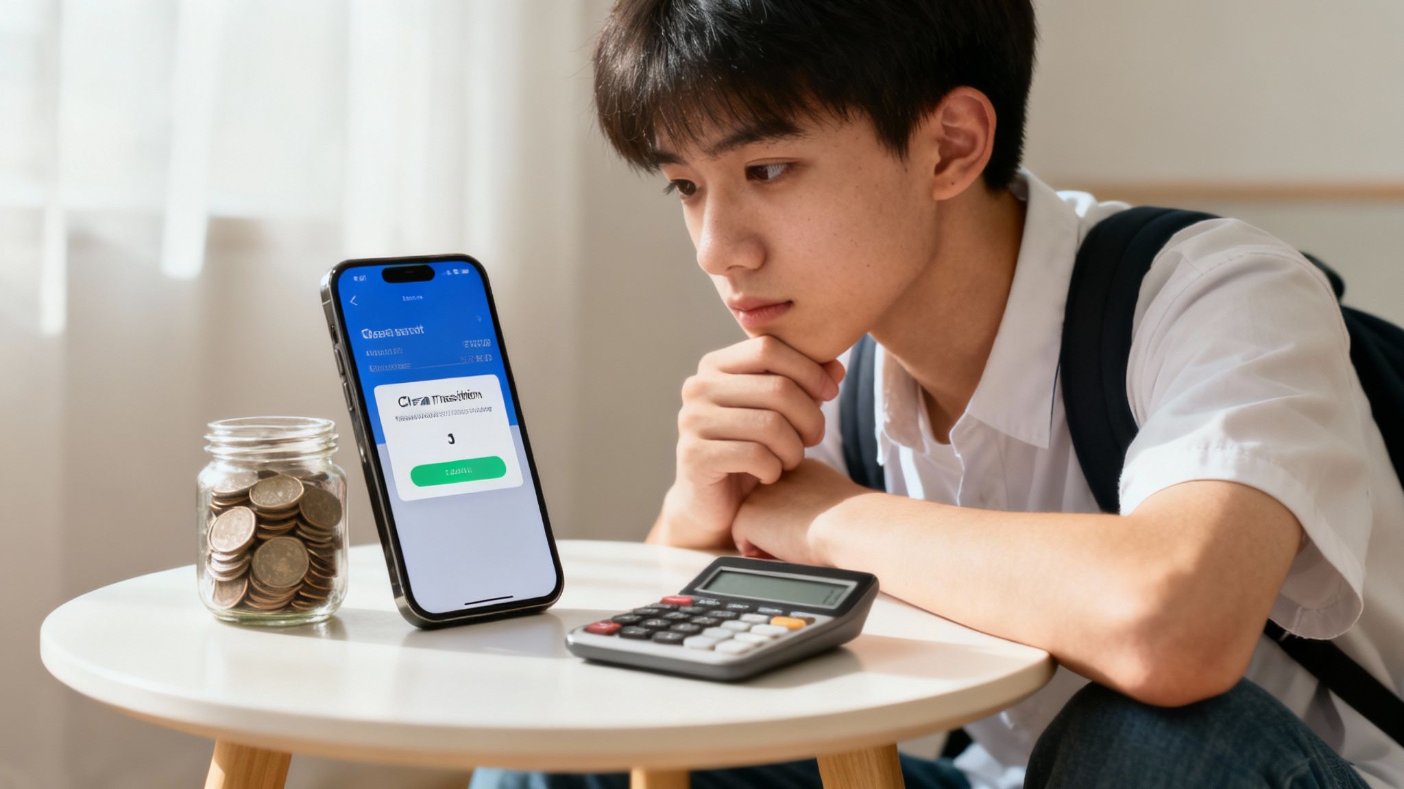 A student looking at their phone and wallet, considering potential bank fees
