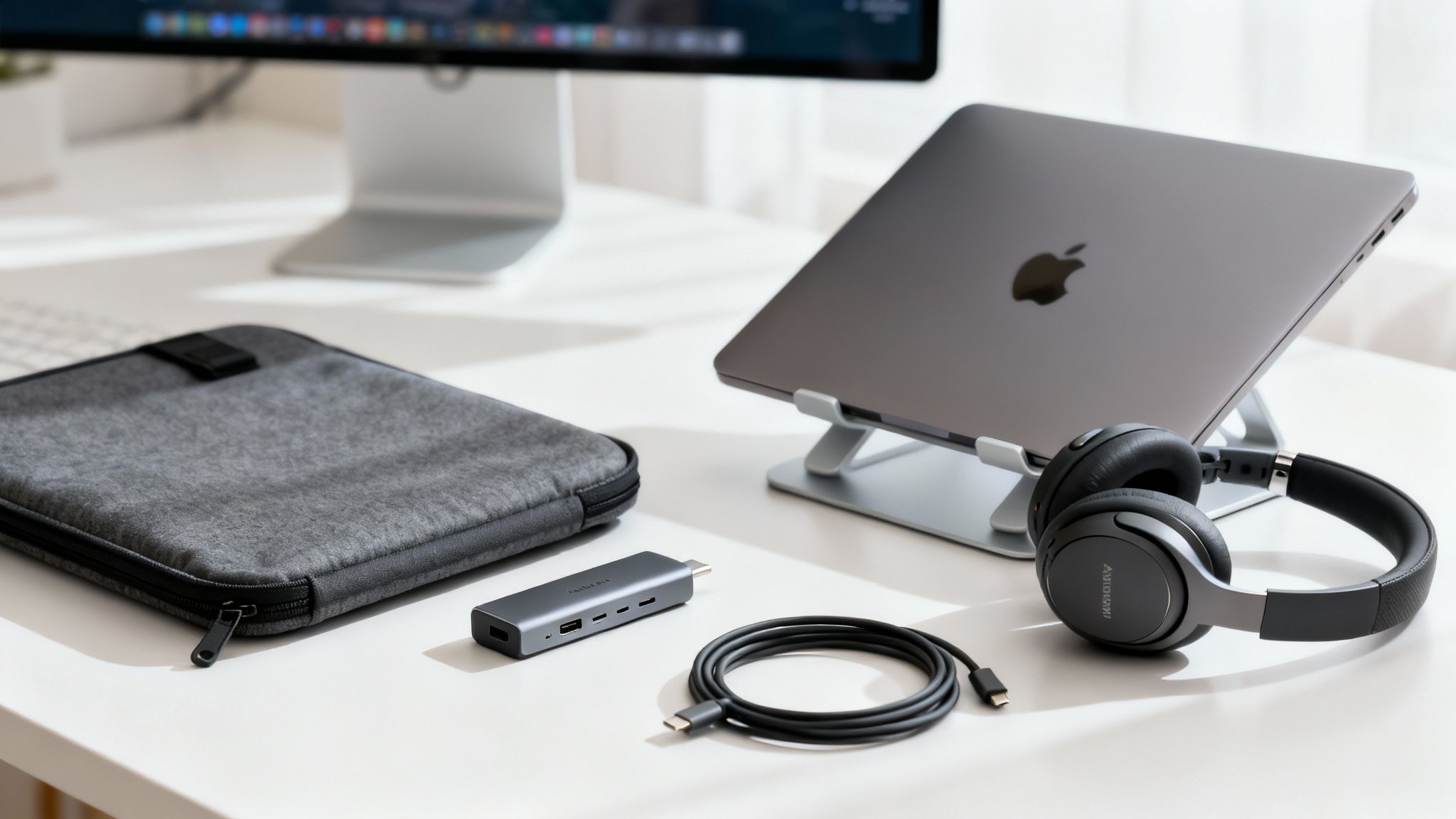 6 Best MacBooks for Students: Top Picks for Every Major 3 A clean desk setup featuring a MacBook on a stand, headphones, a USB-C hub, and a grey sleeve.