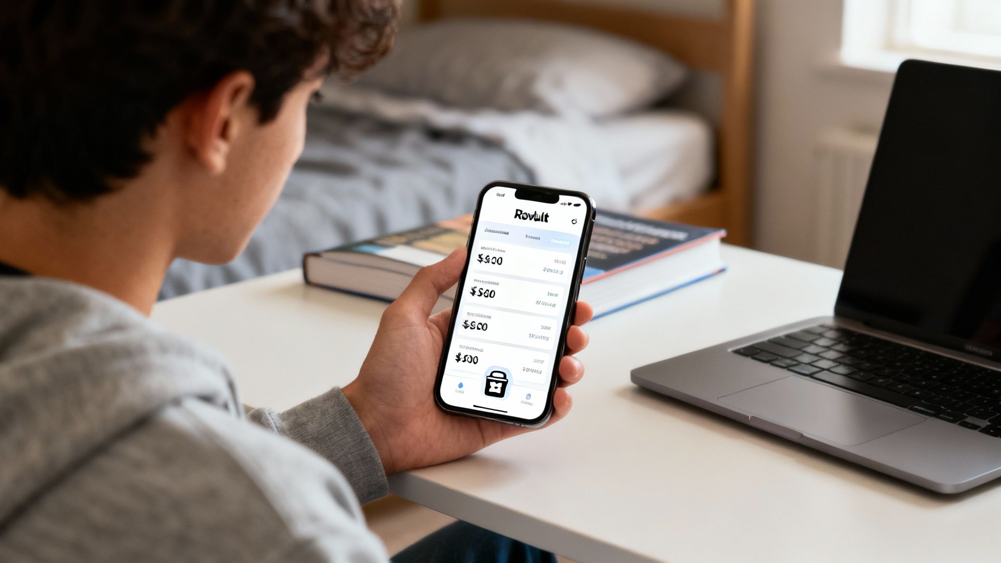 A smiling student using their phone and a Revolut card for a payment.