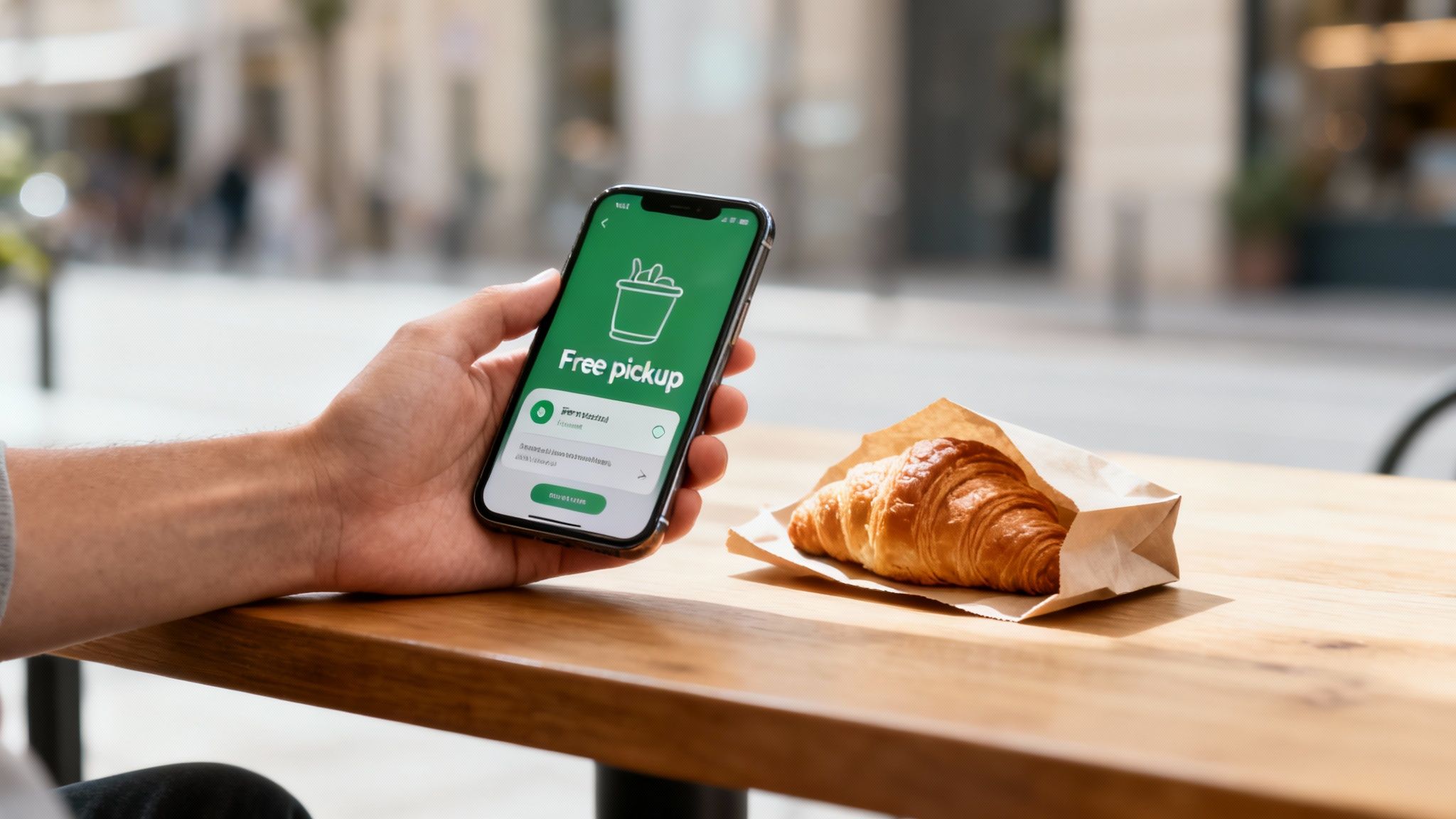 A person's hand holds a smartphone displaying a 'Free pickup' app, next to a croissant.