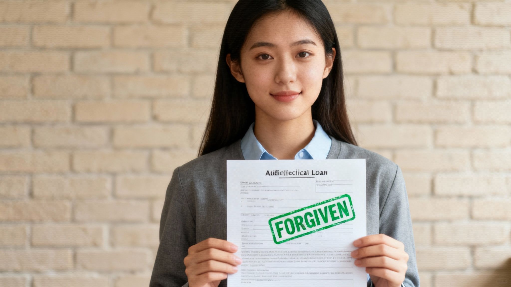 Asian businesswoman holding automobile loan document stamped with green forgiven approval text