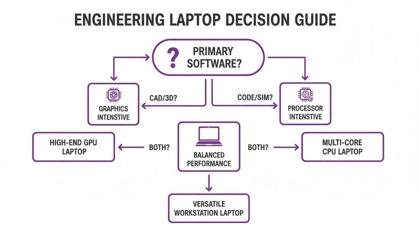 Flowchart guiding engineering students to choose a laptop based on primary software needs.