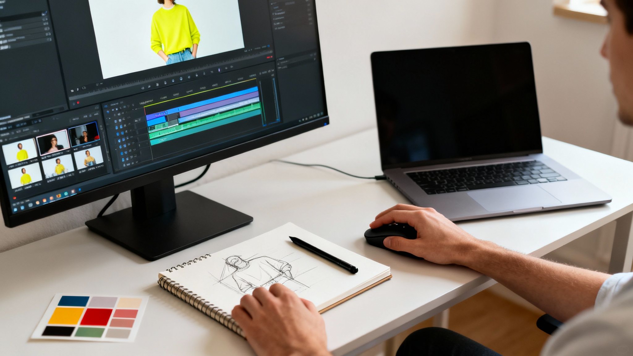 Person editing a video on a computer screen, with a laptop, sketch, and color palette on the desk.