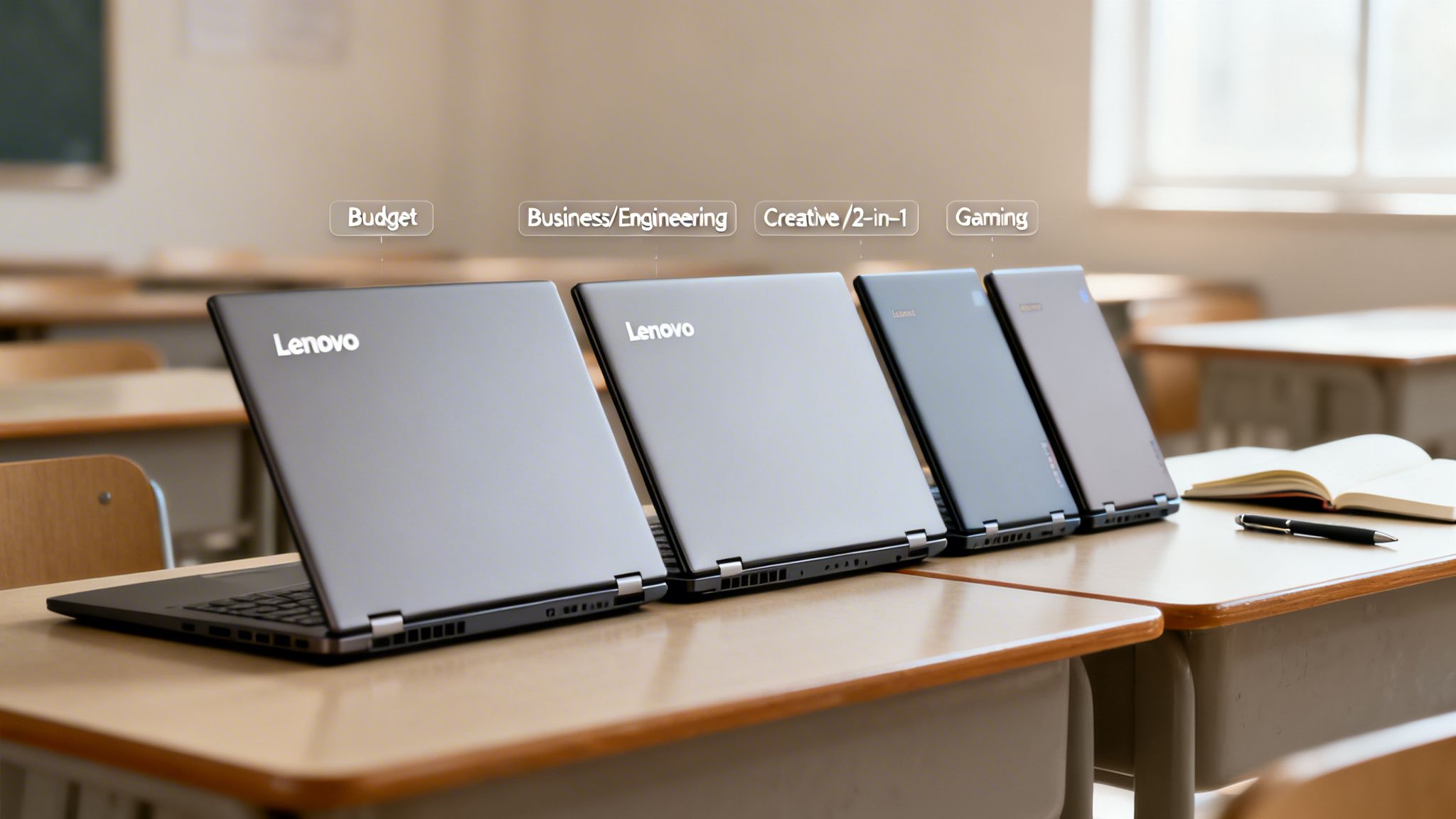 Four Lenovo laptops on school desks, categorized for budget, business, creative/2-in-1, and gaming uses.