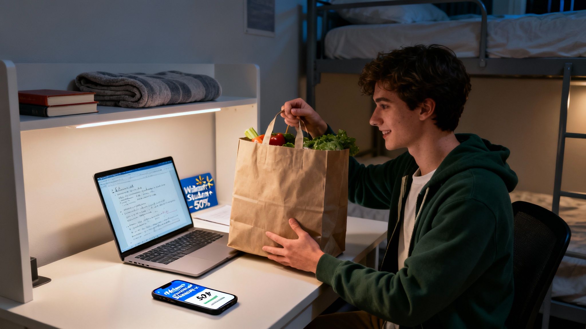 A smiling male student unpacks groceries from a Walmart bag in his dorm room next to a laptop and phone.