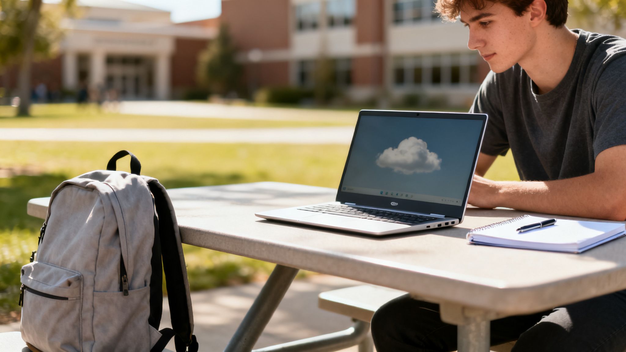 A male student works on a laptop outdoors on a sunny university campus, with a backpack.