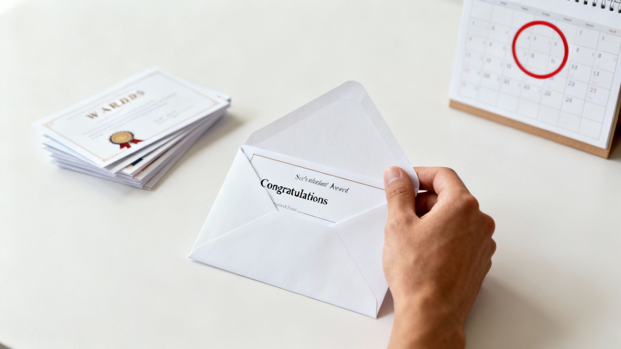 How to Afford College Without Loans a Practical Guide 2 A hand pulls a 'Congratulations' card from an envelope next to a stack of awards and a calendar.