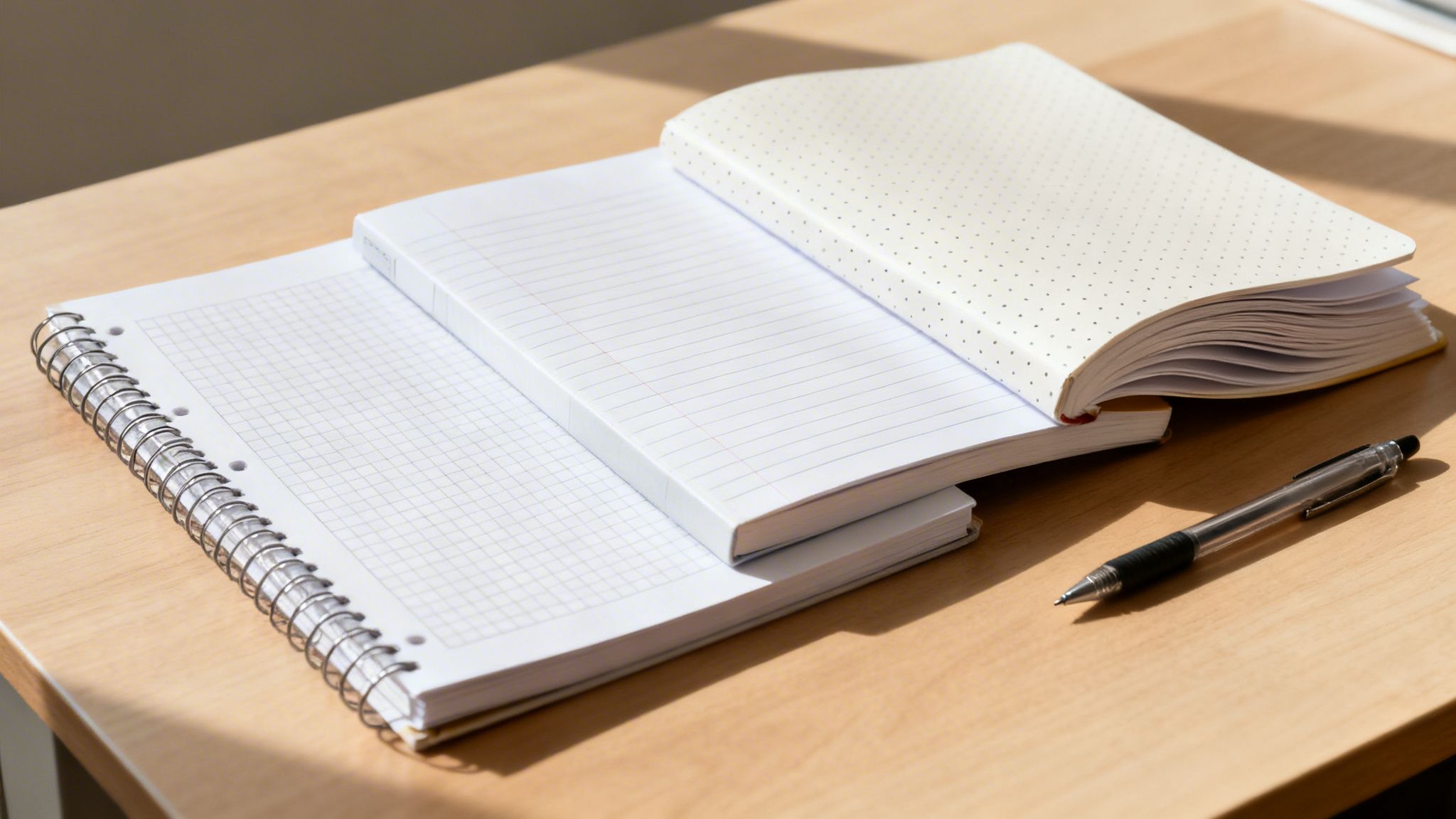 Three open notebooks with grid, lined, and dotted paper, alongside a pen on a wooden desk.