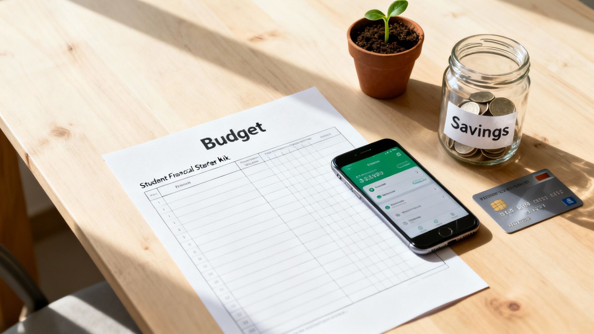 Student financial planning scene with budget sheet, phone app, credit card, and savings jar.