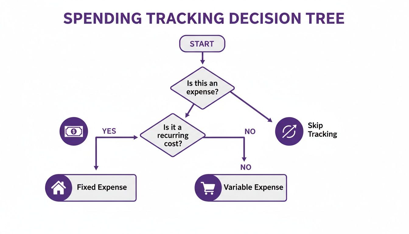 A flowchart illustrates a spending tracking decision tree, categorizing costs as fixed, variable, or untracked expenses.