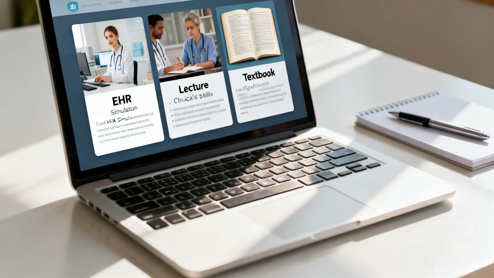 Laptop displaying an e-learning platform with medical courses, including EHR simulation, lectures, and textbooks, alongside a notebook.
