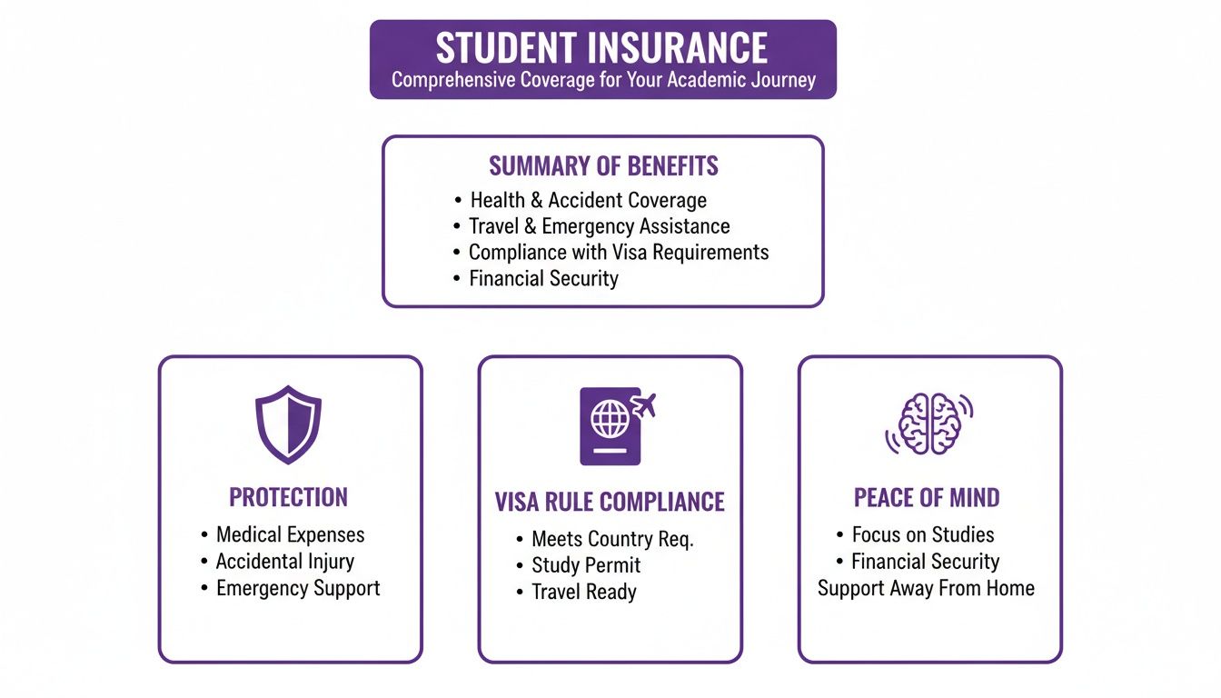 Infographic detailing student insurance benefits including health, travel, visa compliance, and financial security for academic journeys.