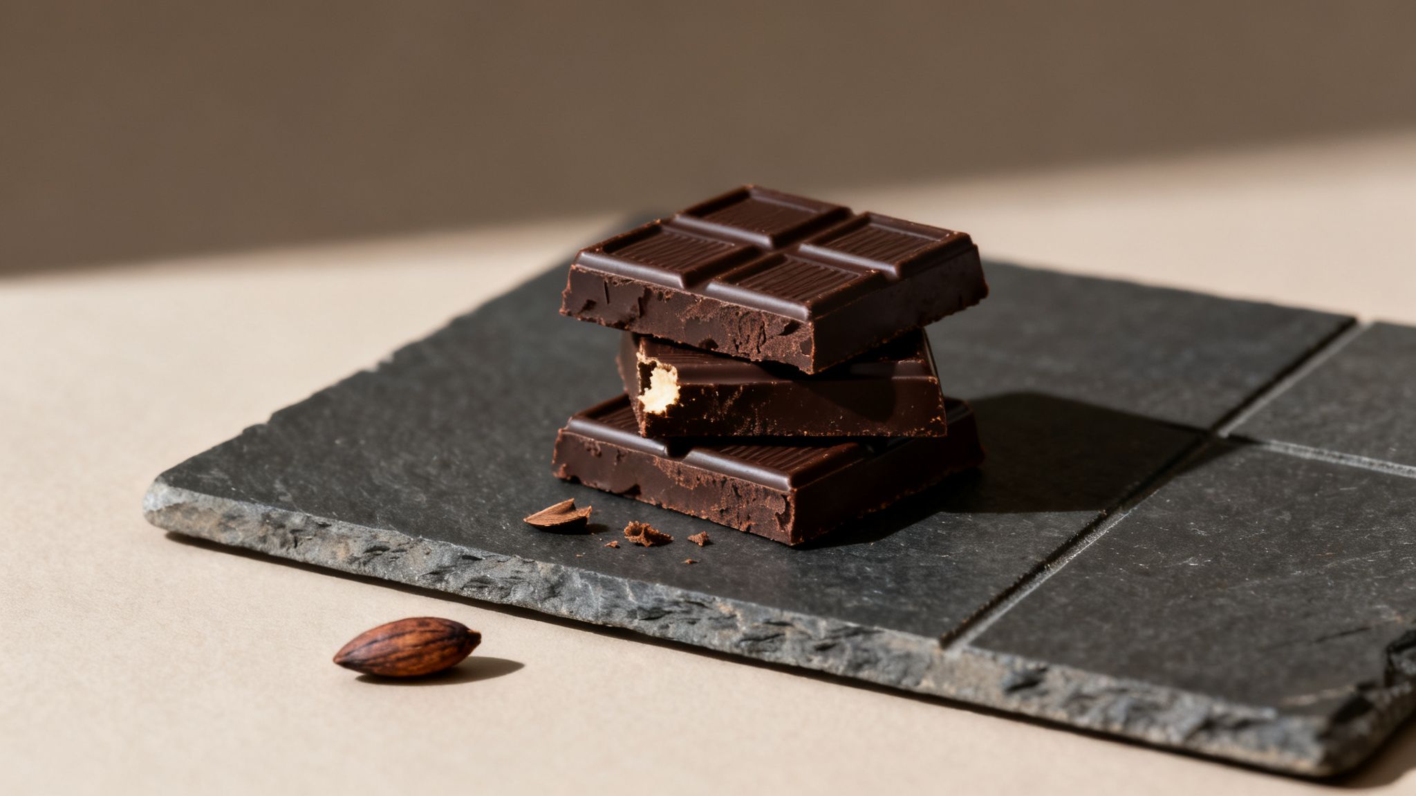 Stacked dark chocolate bars, one with a bite, on a slate board with a cocoa bean.