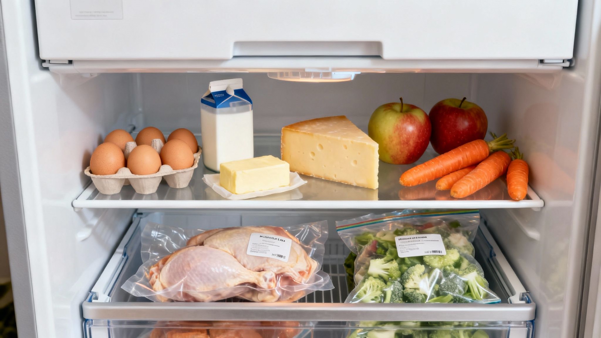 new apartment grocery list: Your First Shopping Guide 3 An open refrigerator filled with various fresh groceries including eggs, milk, cheese, apples, carrots, chicken, and broccoli.