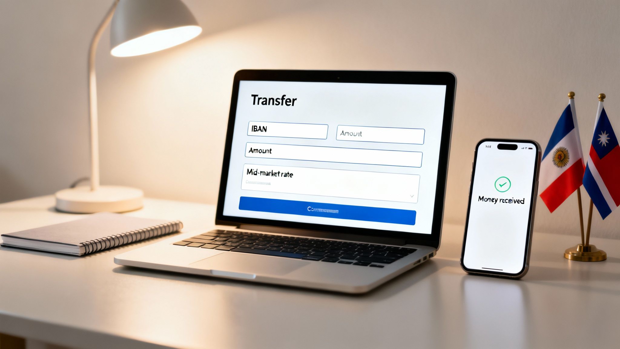 Laptop displaying a money transfer form and a smartphone showing 'Money received', with international flags nearby.