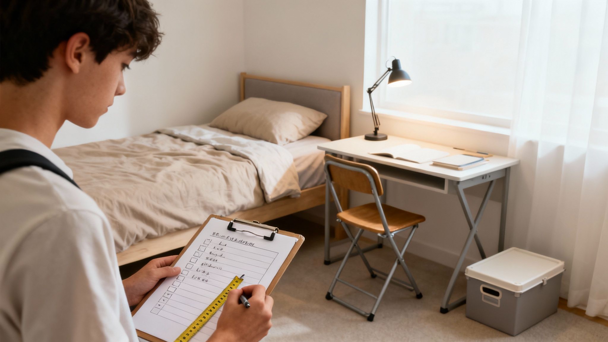 A young person with a checklist and ruler inspects a college student's bedroom.