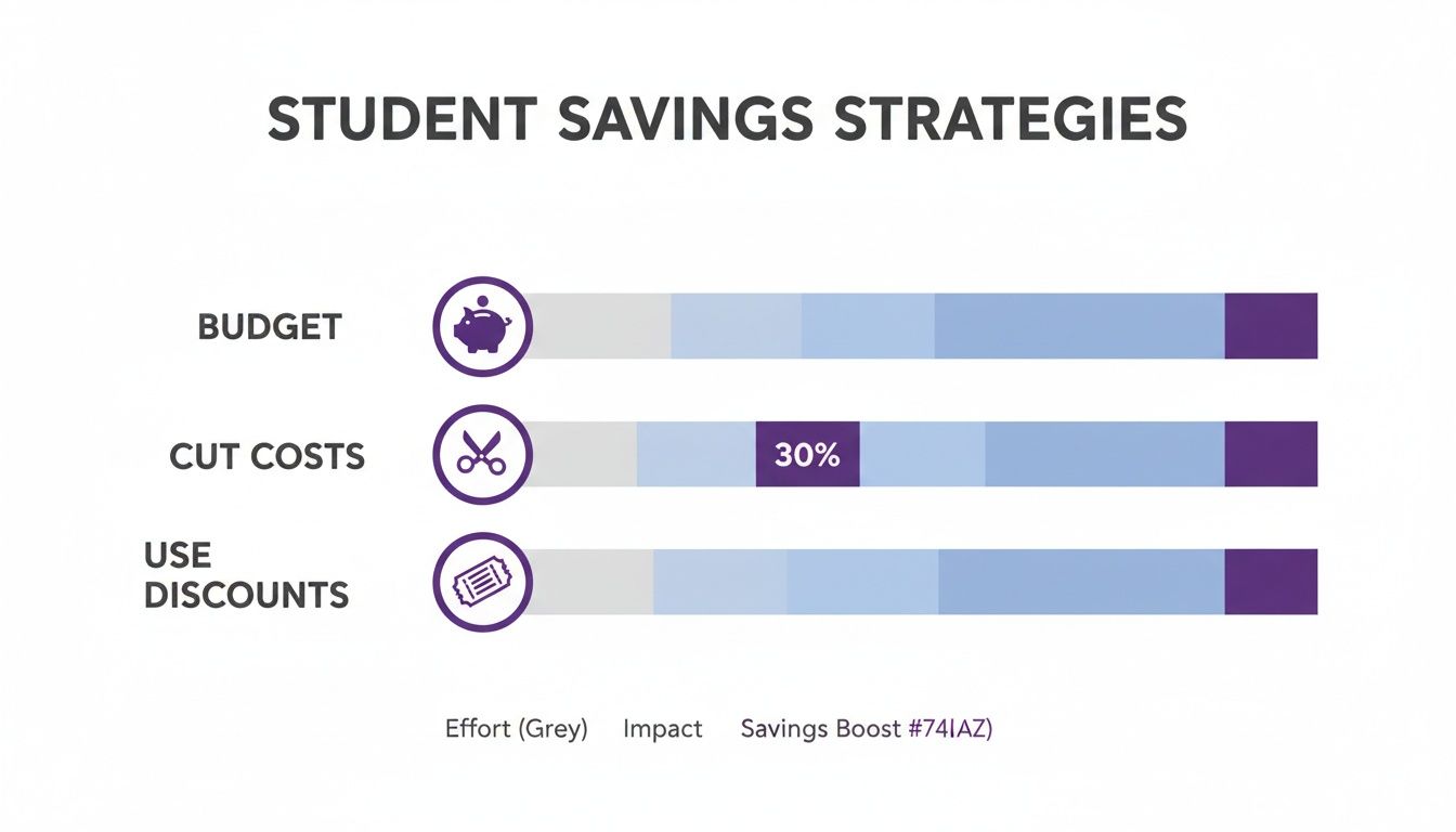 Infographic detailing student savings strategies: budget, cut costs, and use discounts with progress bars.