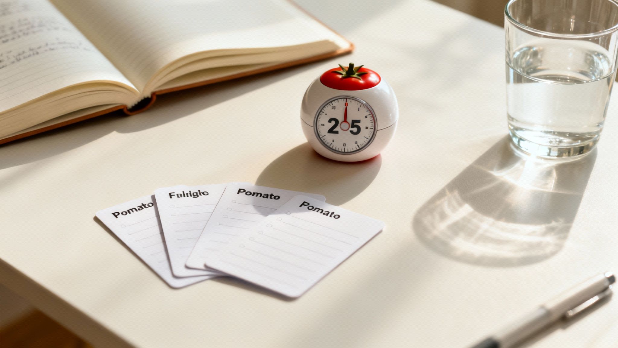 Your Ultimate Checklist: 8 Proven Strategies for the Night Before a Test 2 A brightly lit study desk with an open notebook, a tomato timer set to 25, flashcards, and a glass of water.