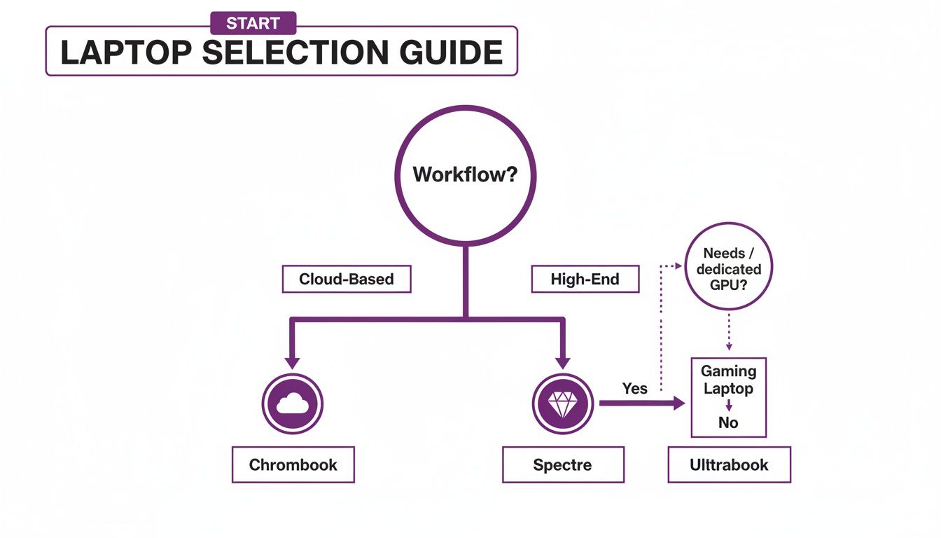 A flowchart titled 'Laptop Selection Guide' helps users choose between Chromebook, Spectre, Gaming Laptop, or Ultrabook based on workflow and GPU needs.