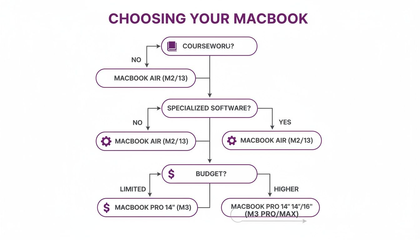 The Best MacBook for Students A Complete Comparison Guide 3 Flowchart guiding users to choose a MacBook model based on coursework, specialized software, and budget.