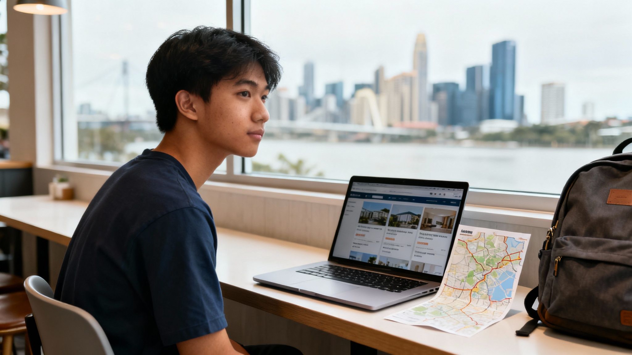 7 Best Student Accommodation In Brisbane Guide 1 Young man at a desk with a laptop and map, overlooking a river and city.