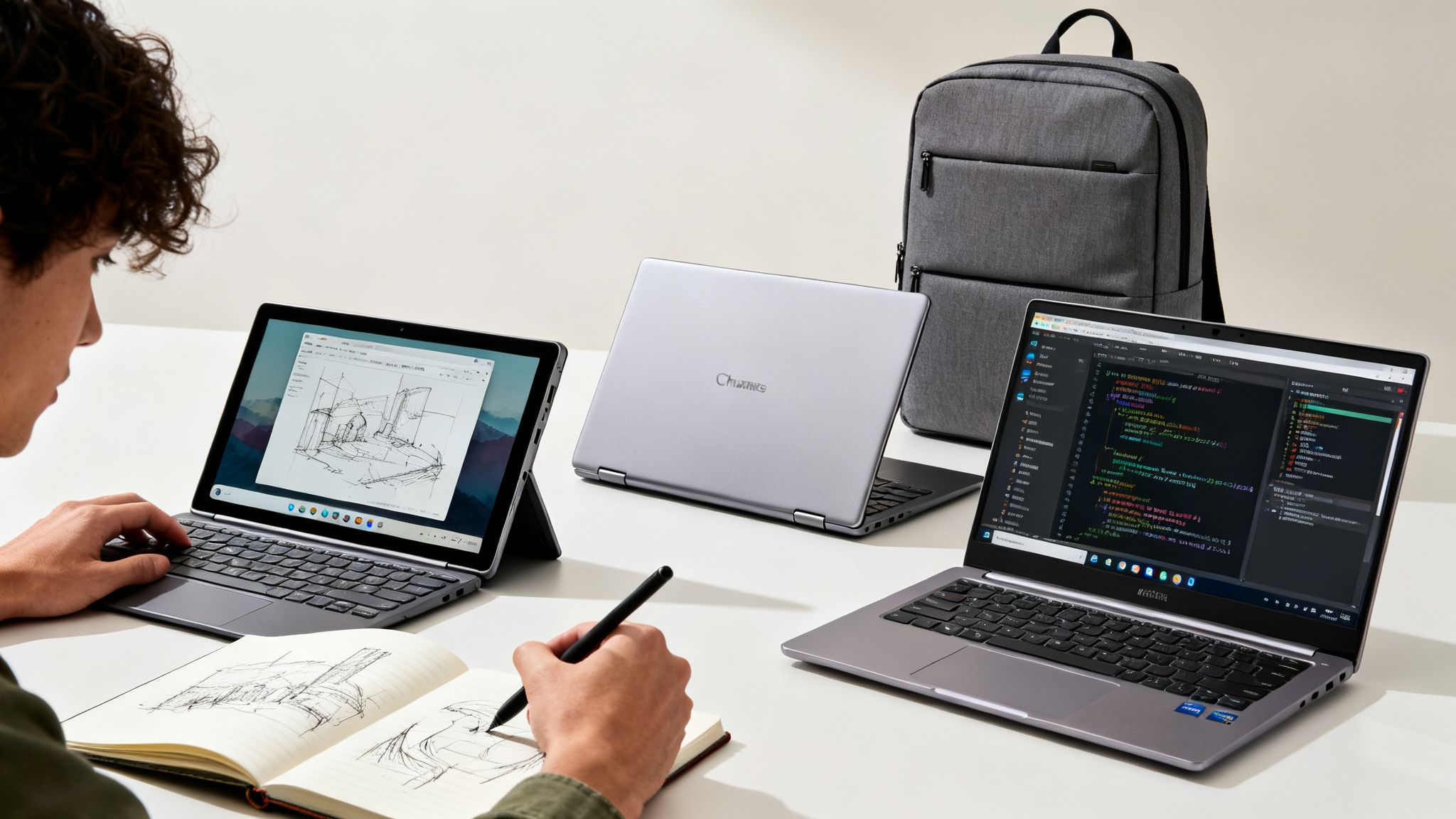 A person sketches in a notebook beside multiple laptops displaying code and drawings, with a backpack.