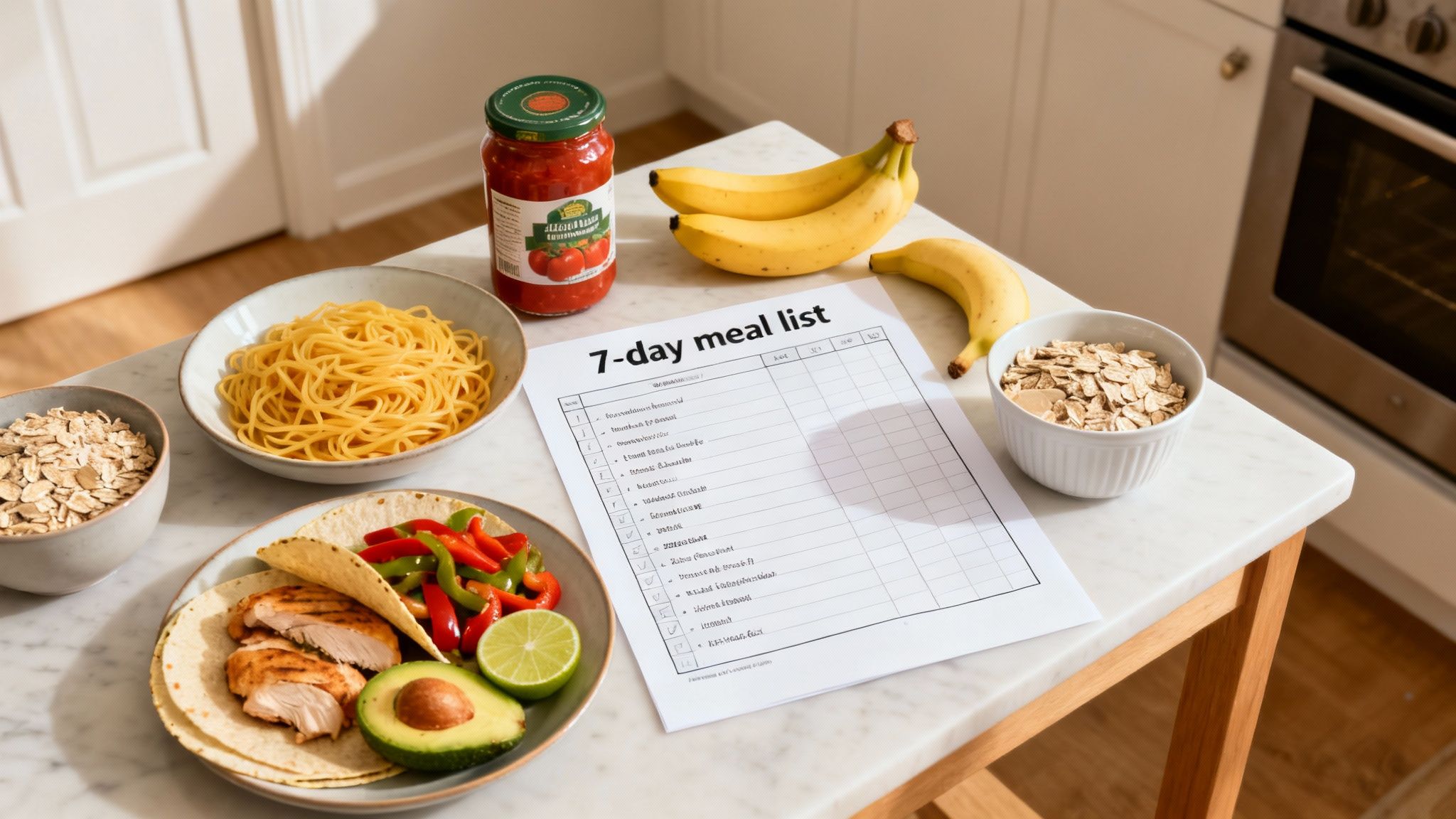 new apartment grocery list: Your First Shopping Guide 4 A 7-day meal list on a marble counter surrounded by fresh ingredients for healthy cooking.