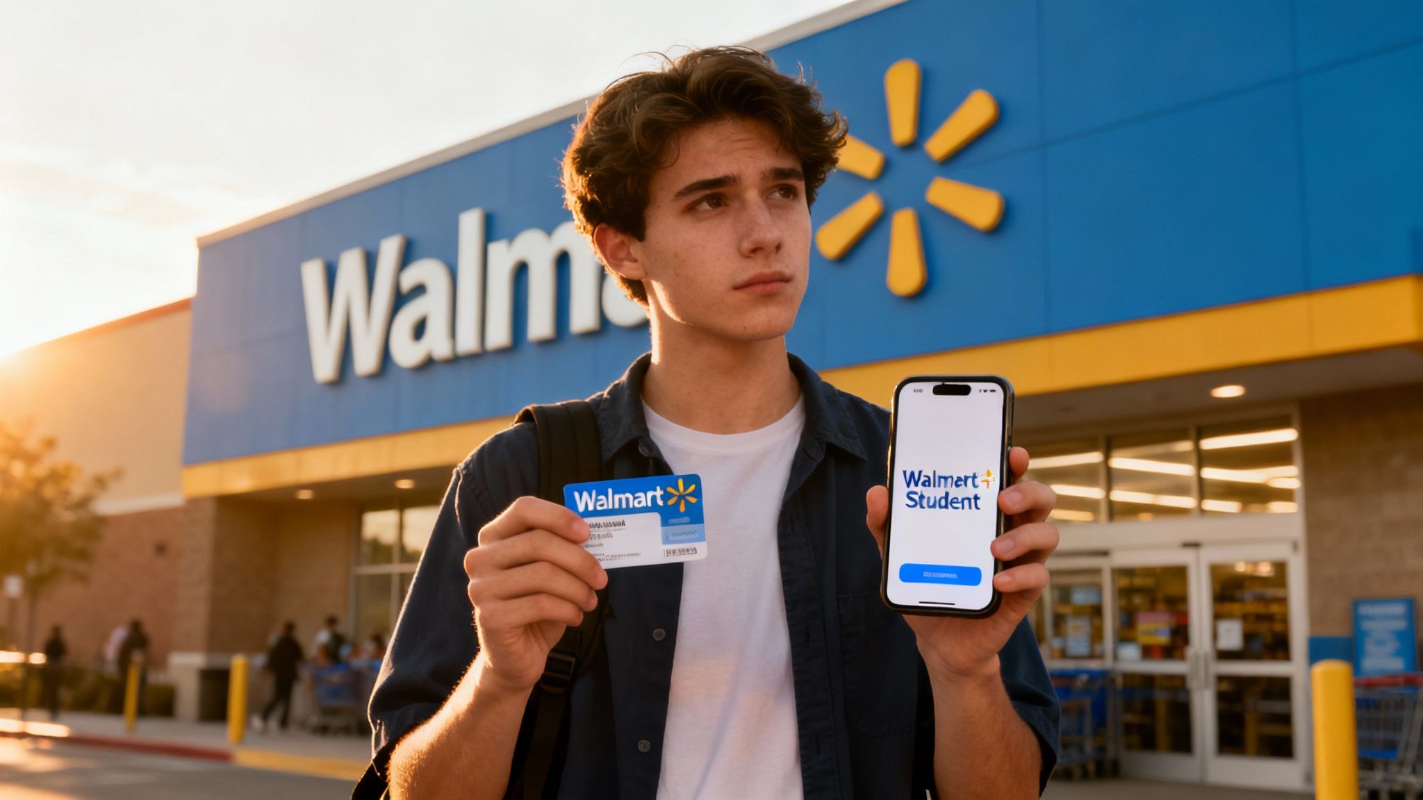 A young man holds a Walmart student card and phone with the Walmart+ Student app in front of a Walmart store.