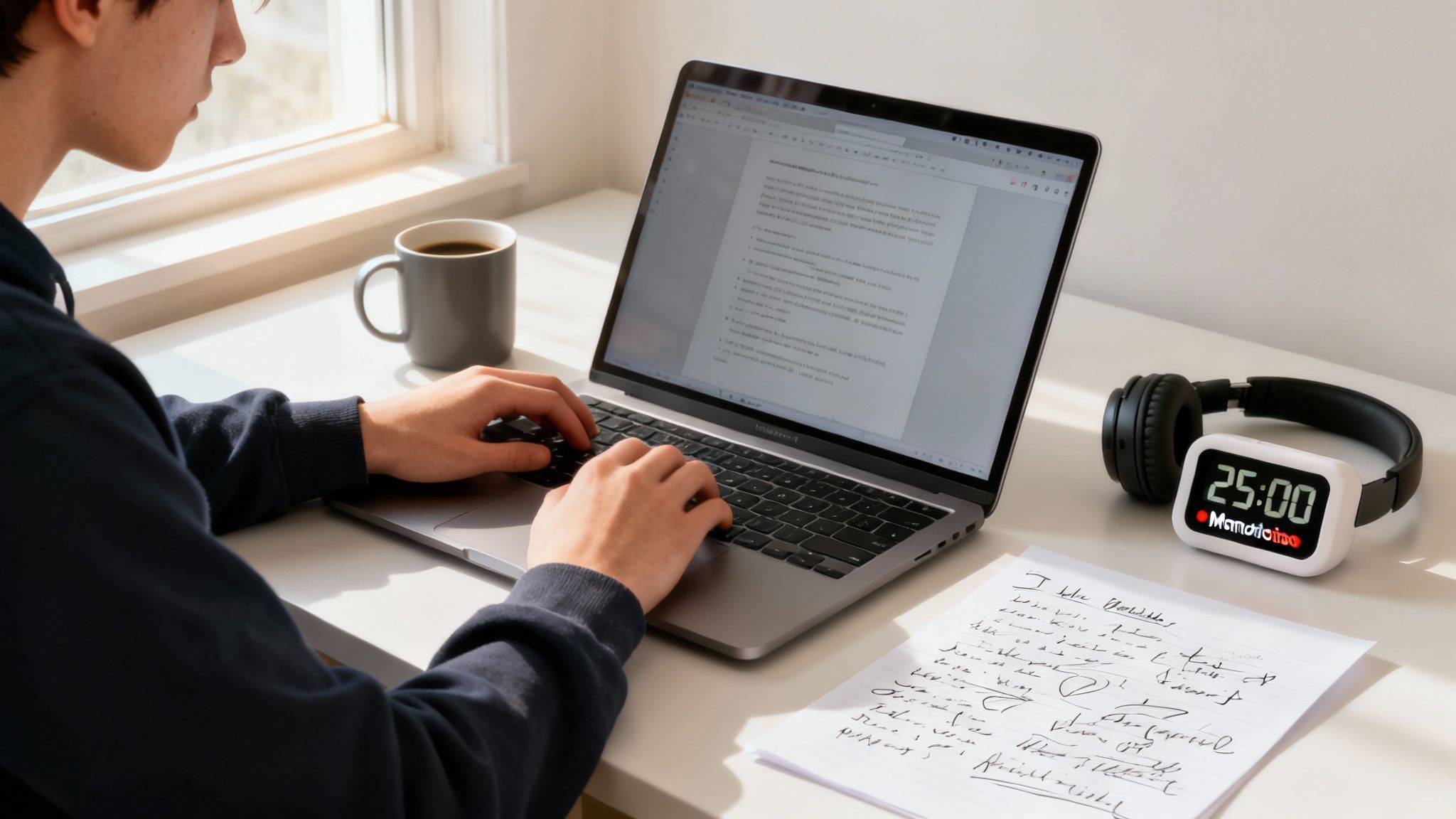 How Can I Write Essays Faster Without Sacrificing Grades 4 Young person focused on writing an essay on a laptop with coffee and study timer.