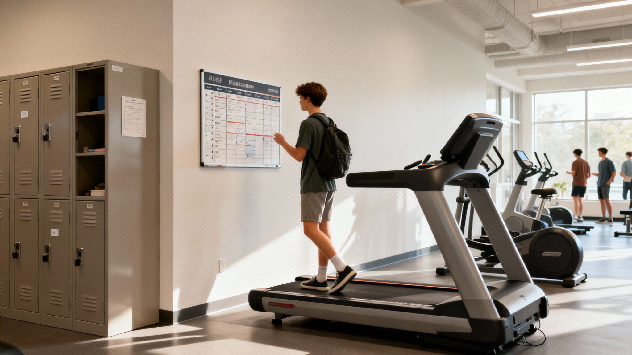 A student wearing a backpack views a gym schedule board next to lockers and a treadmill.