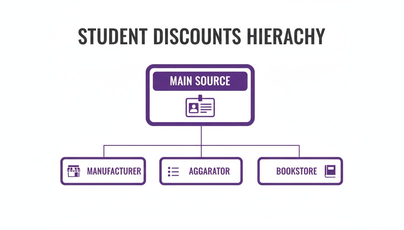 An infographic illustrating the hierarchy of student discount sources: Main Source, Manufacturer, Aggarator, Bookstore.