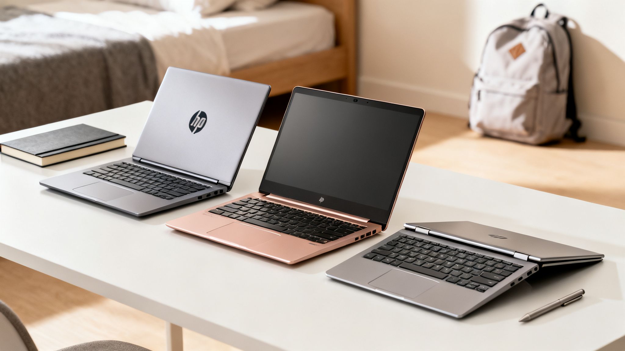 Three HP laptops in silver and rose gold on a desk with a notebook and backpack.