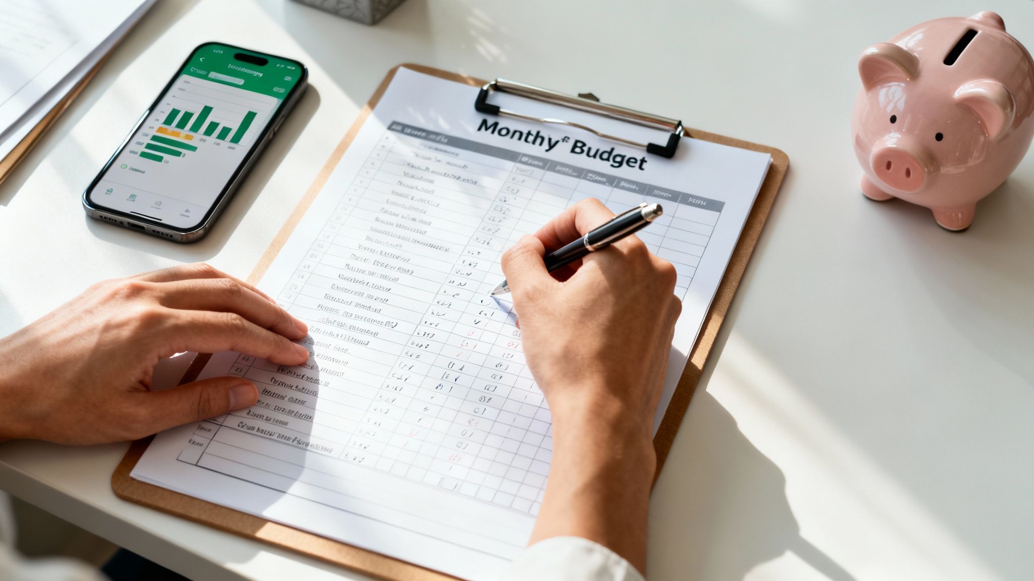 Hands writing a monthly budget on paper with a smartphone showing a financial app and a piggy bank.
