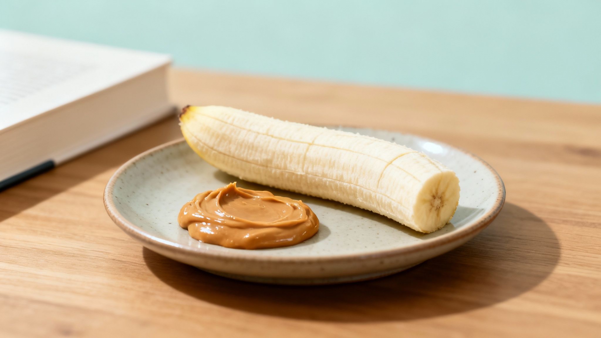 A peeled banana and a dollop of peanut butter on a light-colored plate.