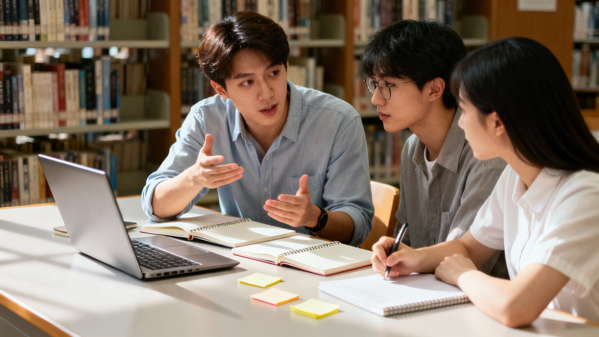 Three diverse students collaborate at a library table with a laptop and notebooks.