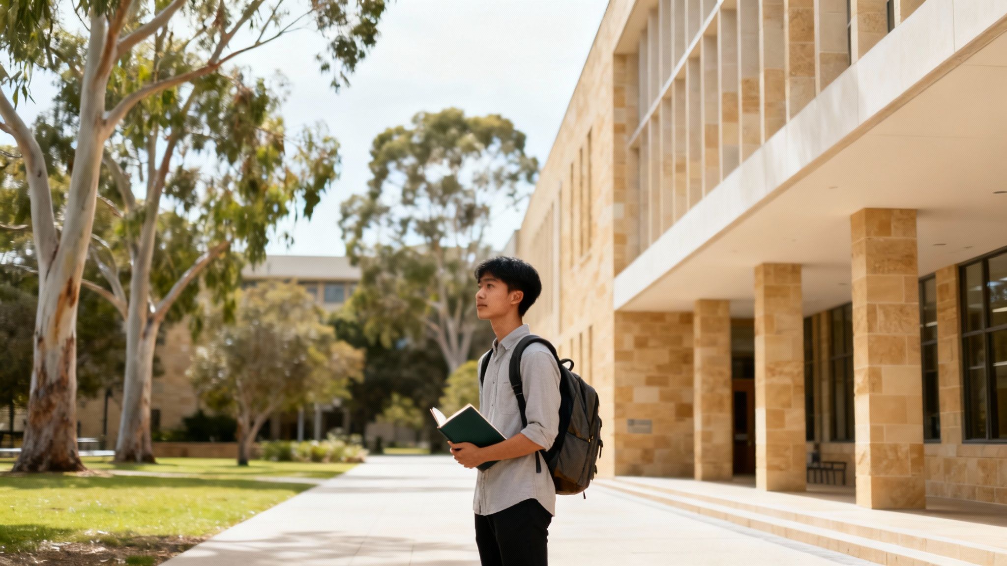 Aerial view of a university campus in Australia with modern buildings and green spaces