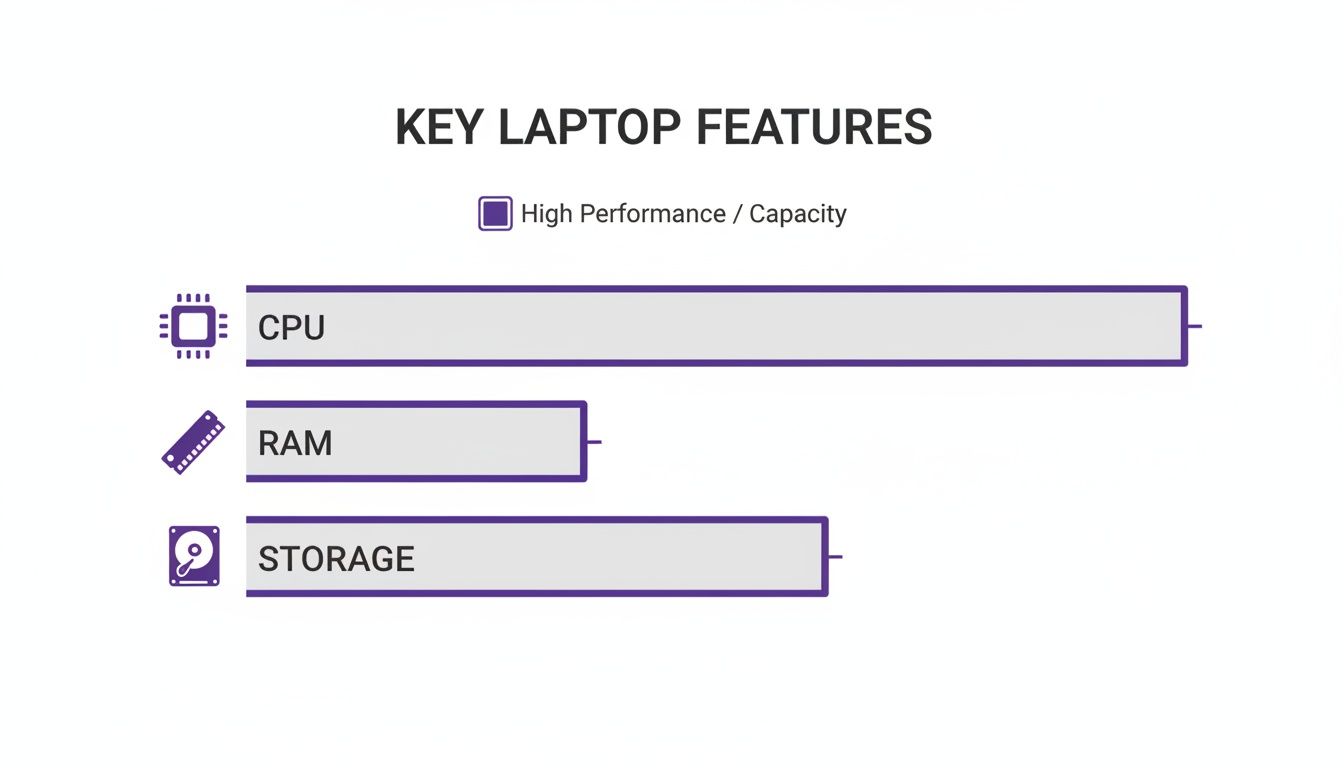 Bar chart illustrating key laptop features: CPU, RAM, and Storage, indicating performance or capacity levels.