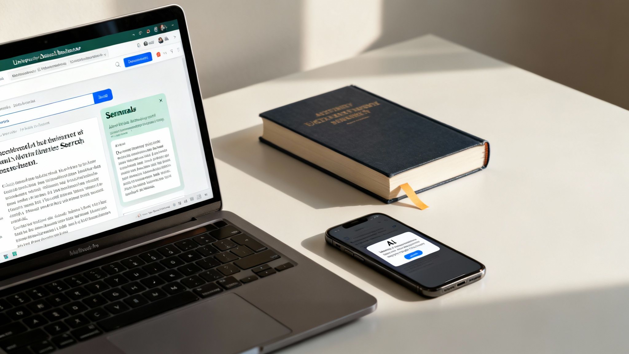 How Can I Write Essays Faster Without Sacrificing Grades 3 A laptop showing text, a closed book with a bookmark, and a smartphone displaying an AI notification on a desk in sunlight.