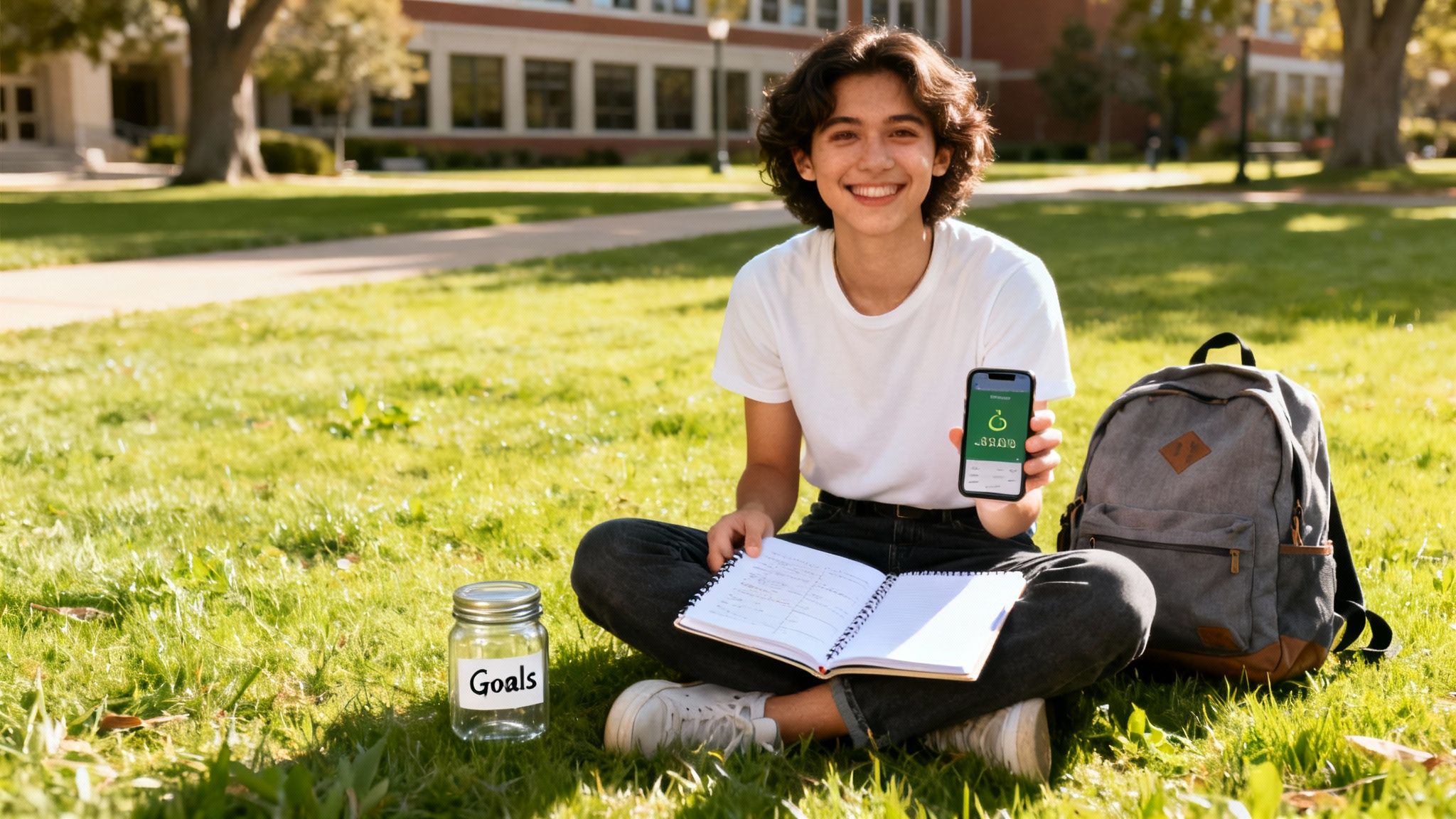A smiling young person sits on college grass, holding a phone showing a budgeting app, next to a 'Goals' jar.