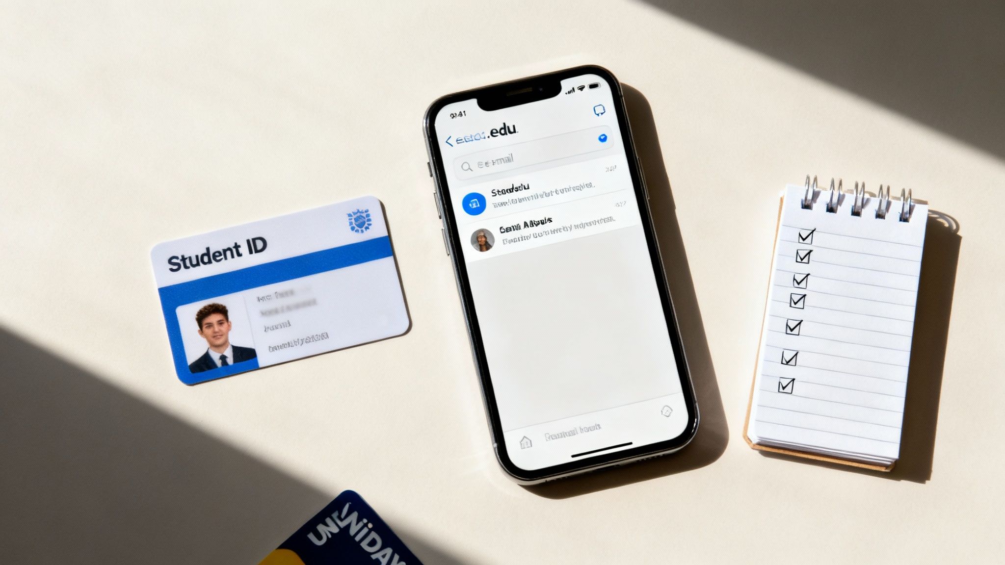 How to Get Student Discounts and Save Big 1 Student ID card, smartphone displaying student email account, and checklist notepad on white desk