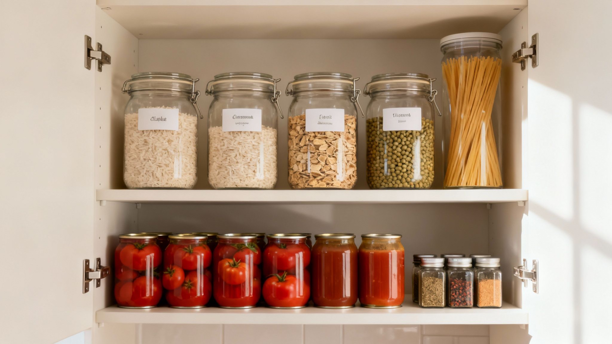 new apartment grocery list: Your First Shopping Guide 2 An organized pantry cabinet showcasing glass jars filled with dry goods like rice, pasta, tomatoes, and spices.