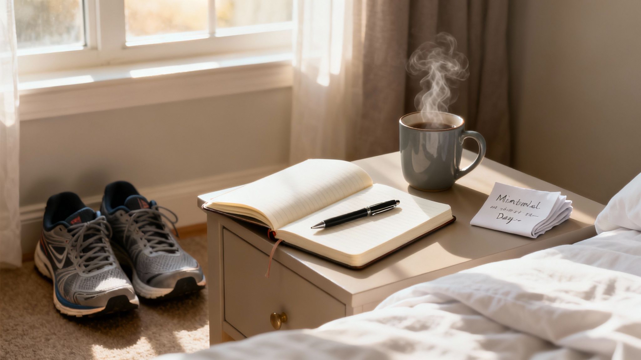 How to Combat Homesickness and Thrive in a New Place 4 A cozy morning scene with a journal, steaming coffee, and running shoes by a sunlit window.